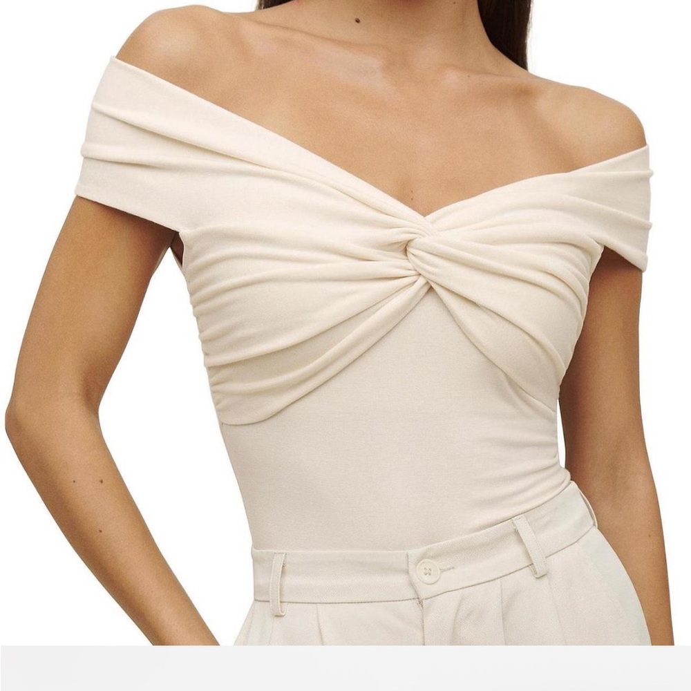 Reformation Cream Off-Shoulder Twist Top